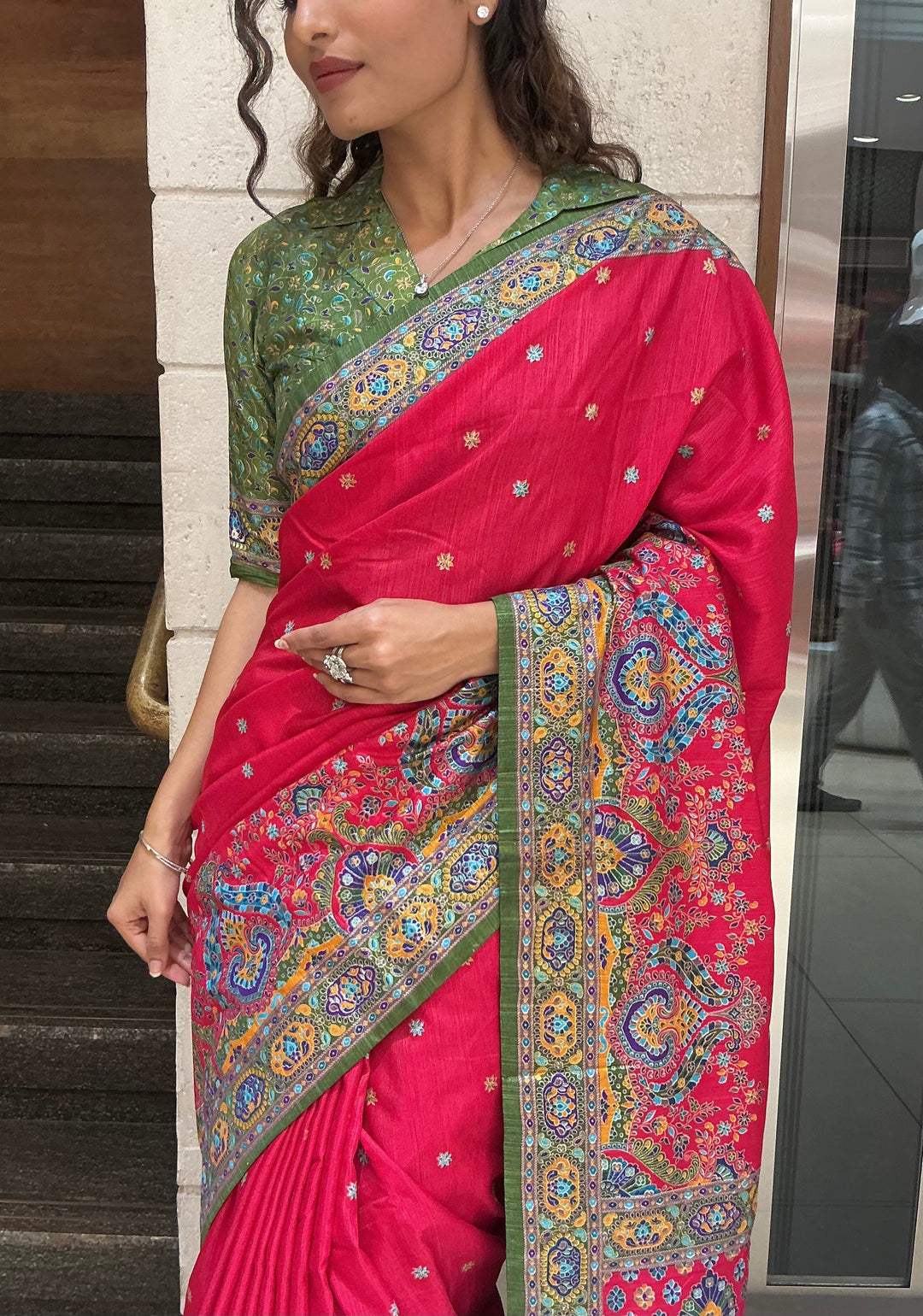 Red & Olive Green Heritage Paisley Printed Designer Saree