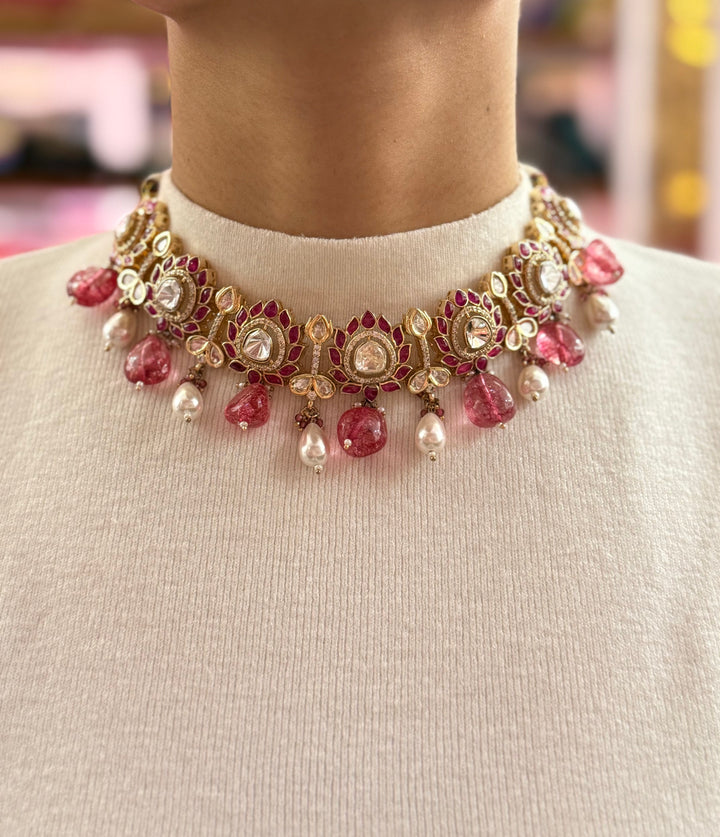 Kundan Choker Necklace with Ruby Accents, Pearls & Pink Gemstone Drops