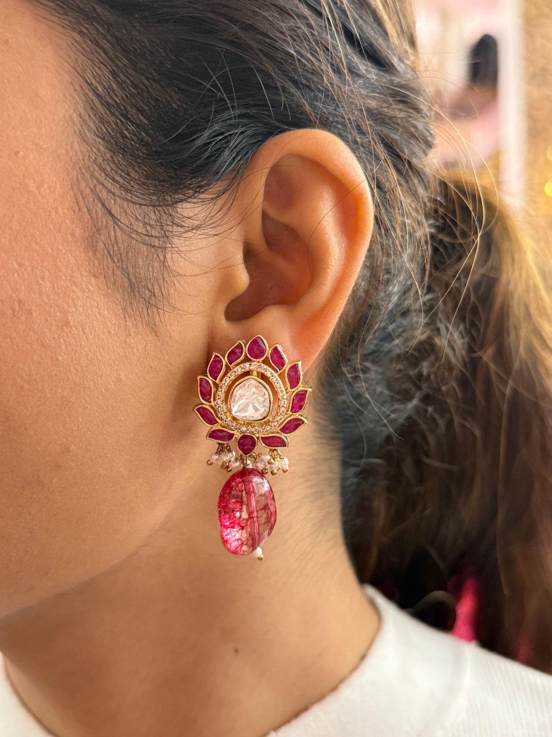 Kundan Choker Necklace with Ruby Accents, Pearls & Pink Gemstone Drops