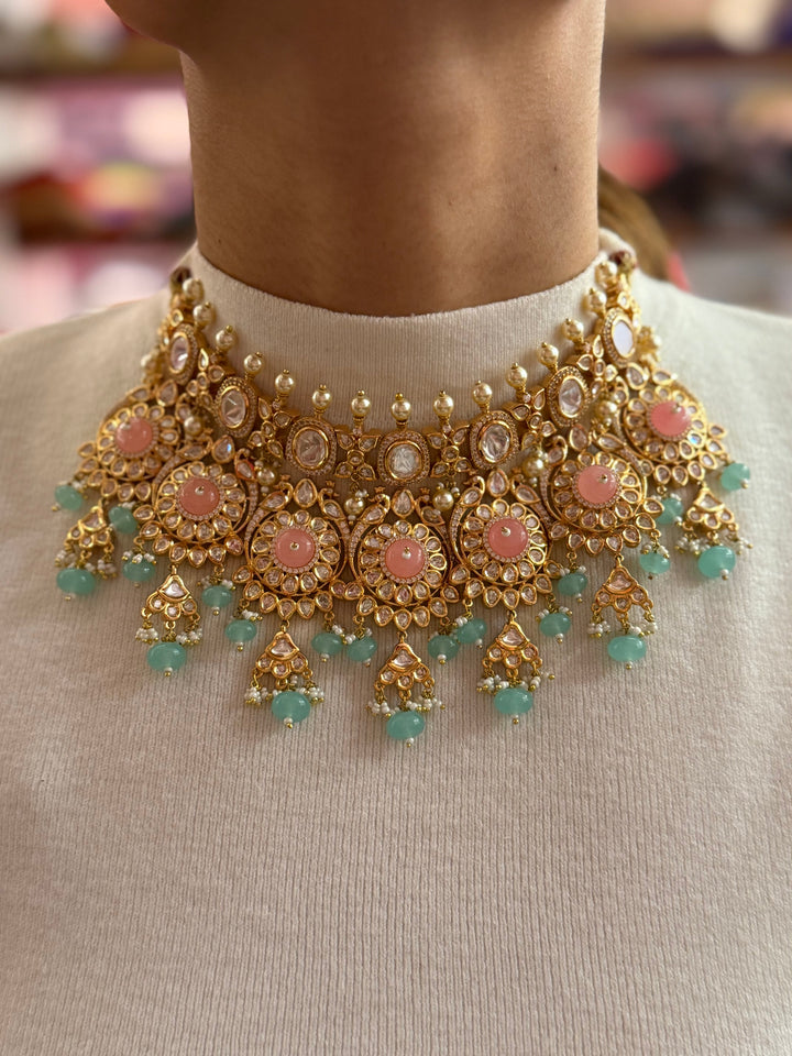 Pastel Pink & Mint Green Kundan Bridal Choker Necklace Set with Maang Tikka