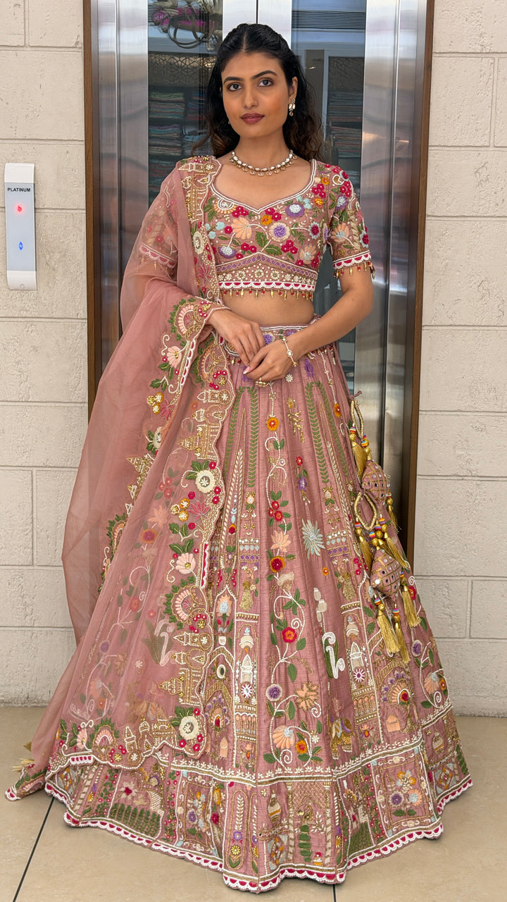 Blush Pink Heritage Embroidered Lehenga Set with Dupatta