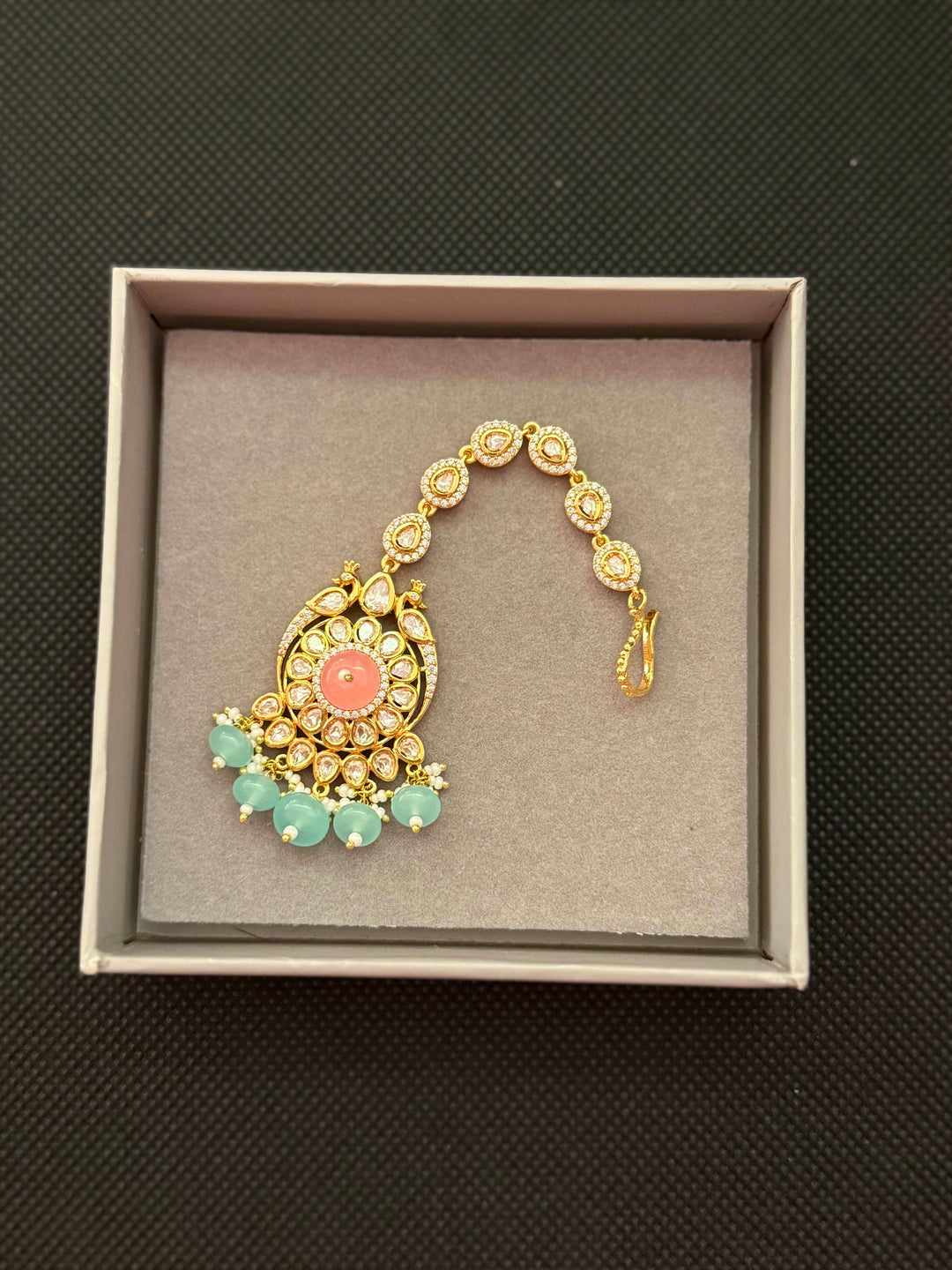 Pastel Pink & Mint Green Kundan Bridal Choker Necklace Set with Maang Tikka