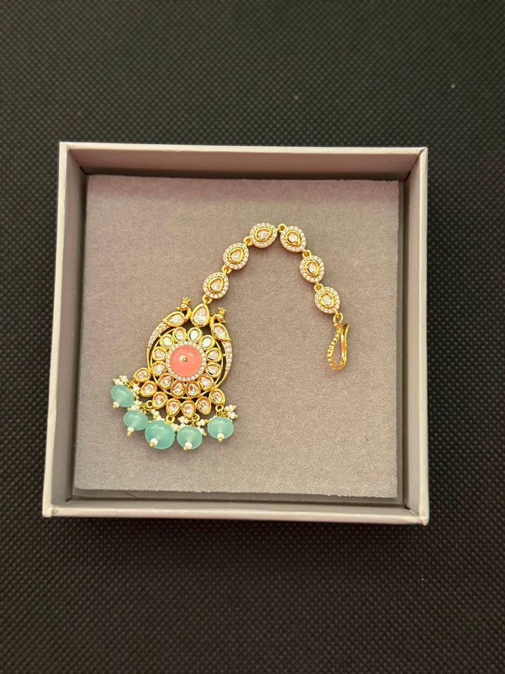 Pastel Pink & Mint Green Kundan Bridal Choker Necklace Set with Maang Tikka