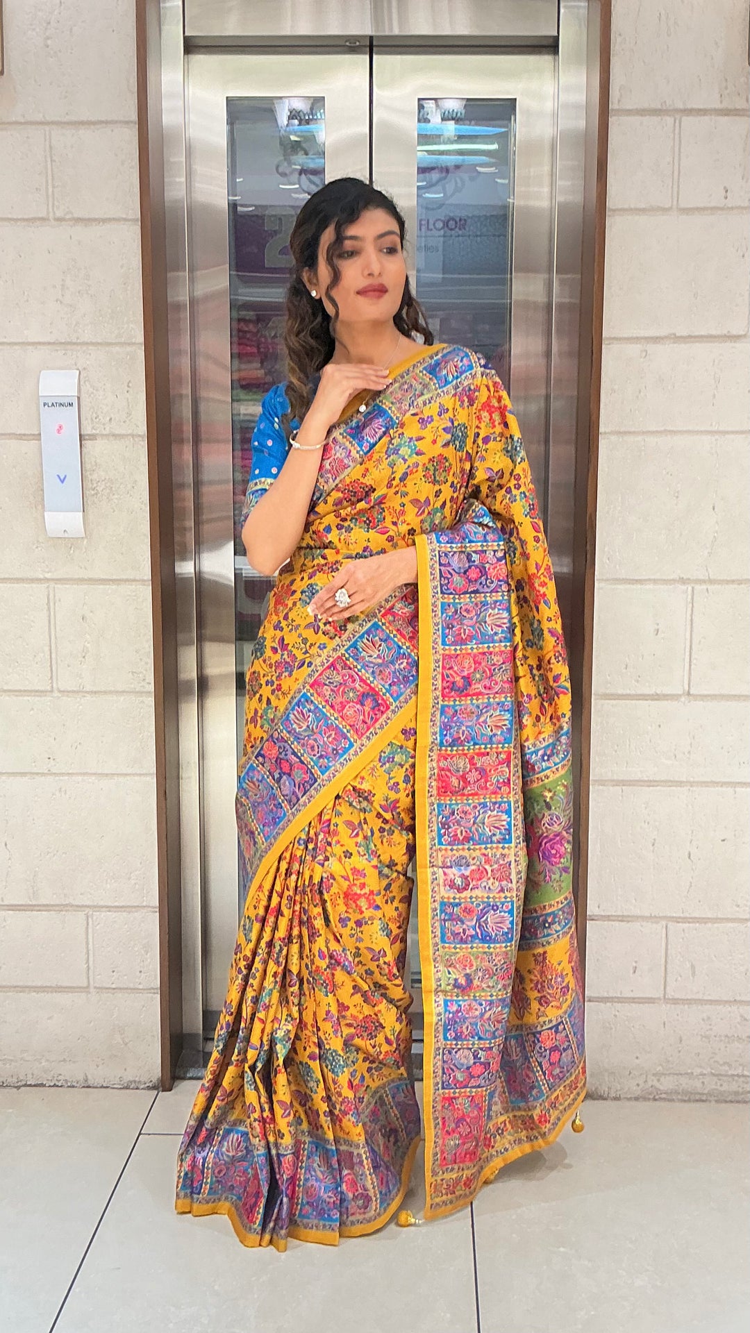 Mustard Yellow Multicolour Heritage Print Designer Saree with Contrast Border