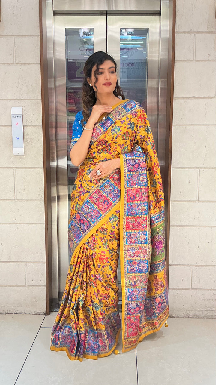 Mustard Yellow Multicolour Heritage Print Designer Saree with Contrast Border