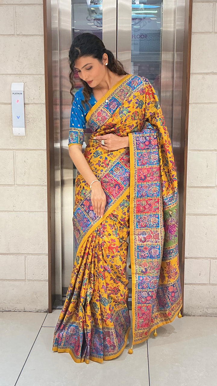 Mustard Yellow Multicolour Heritage Print Designer Saree with Contrast Border