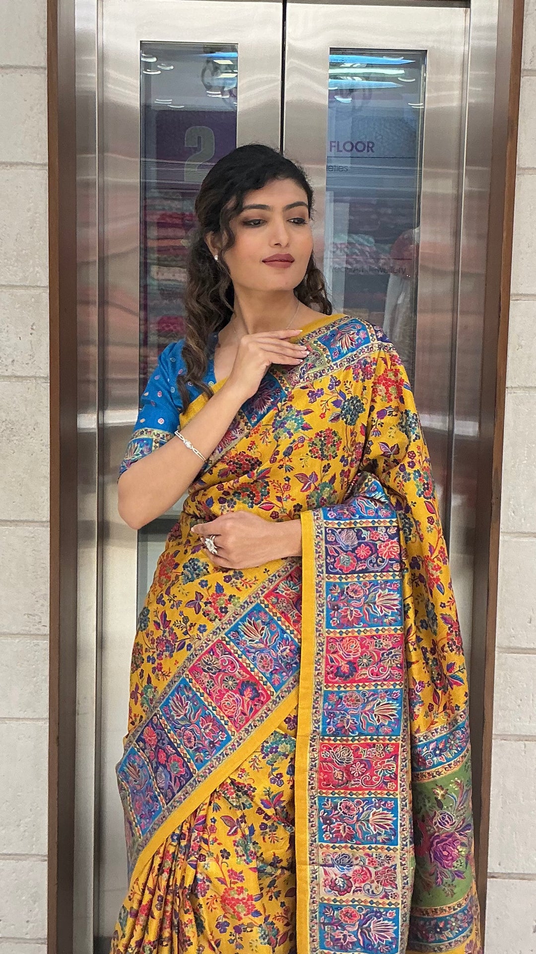 Mustard Yellow Multicolour Heritage Print Designer Saree with Contrast Border