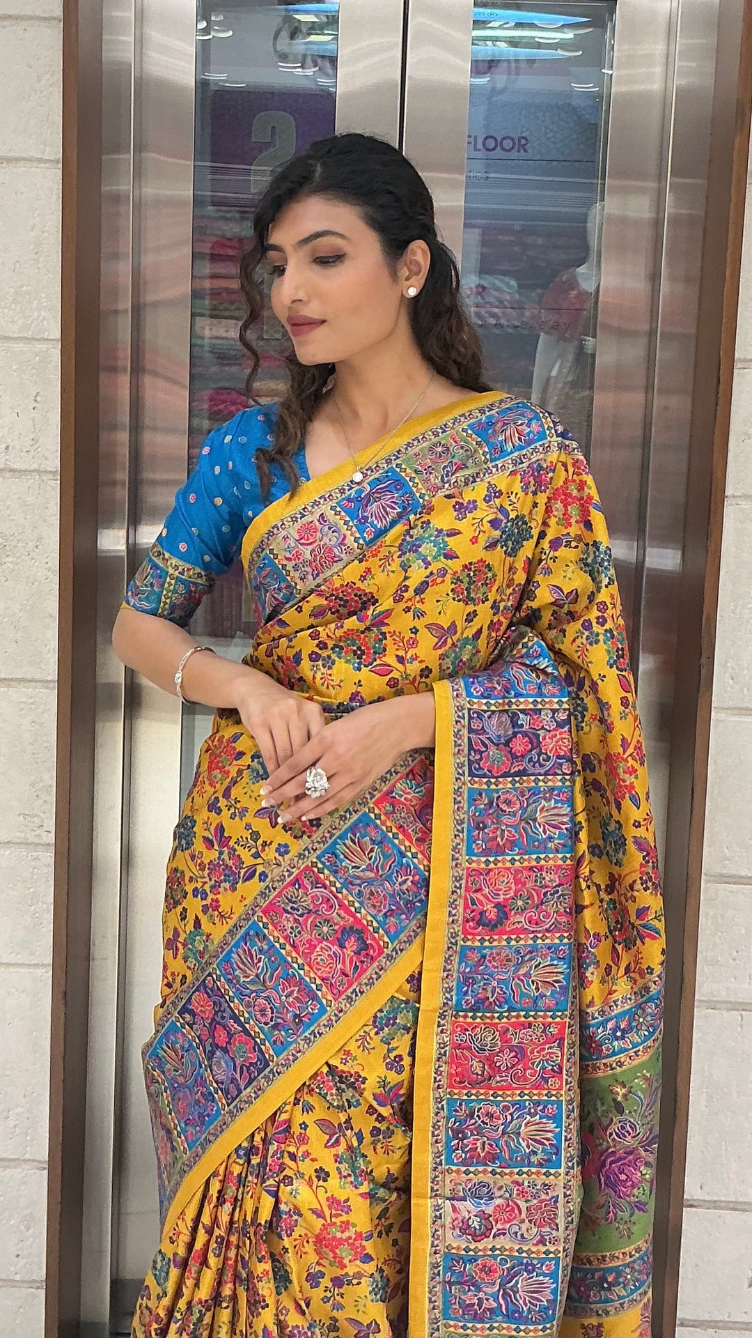 Mustard Yellow Multicolour Heritage Print Designer Saree with Contrast Border