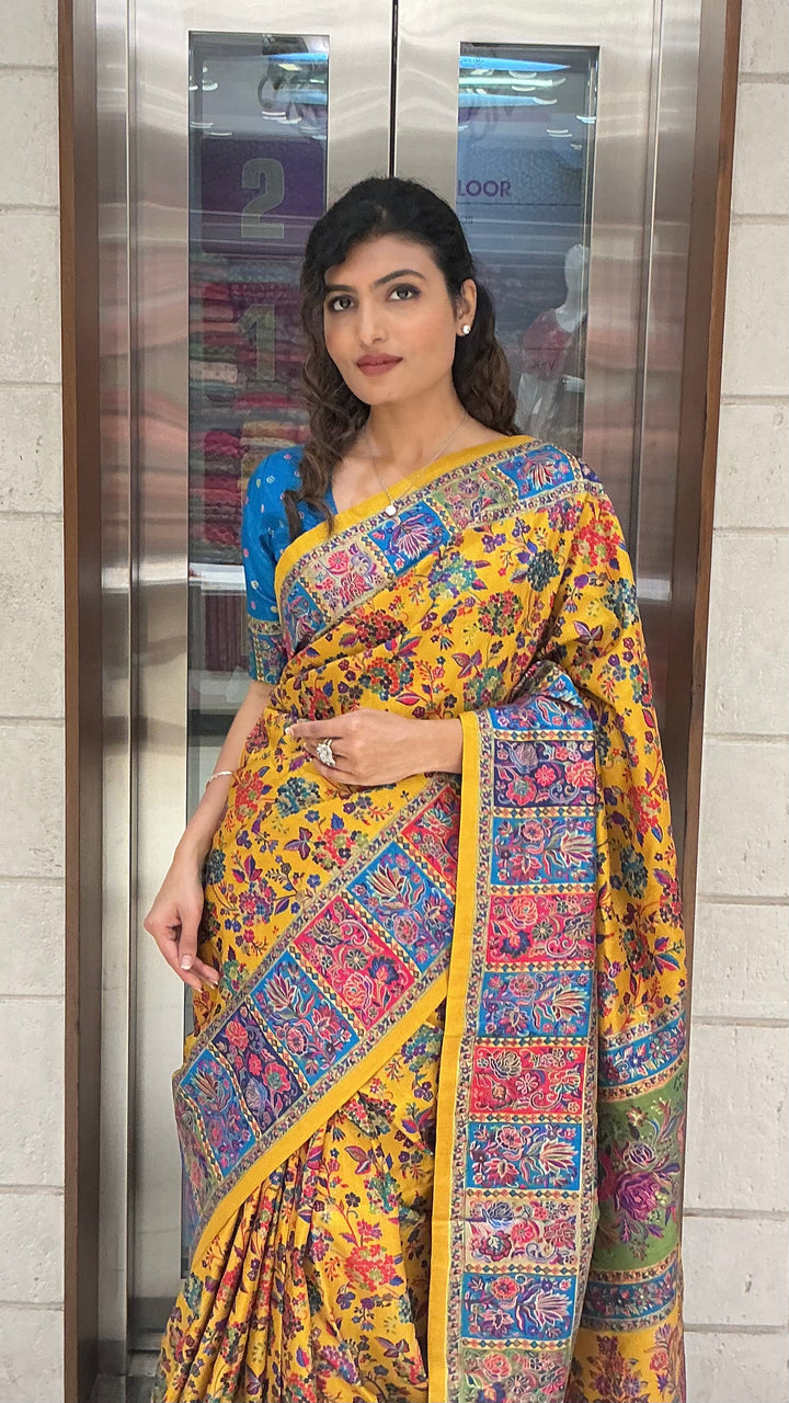 Mustard Yellow Multicolour Heritage Print Designer Saree with Contrast Border