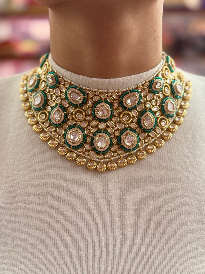 Royal Green Kundan Polki Choker Necklace with Matching Maang Tikka
