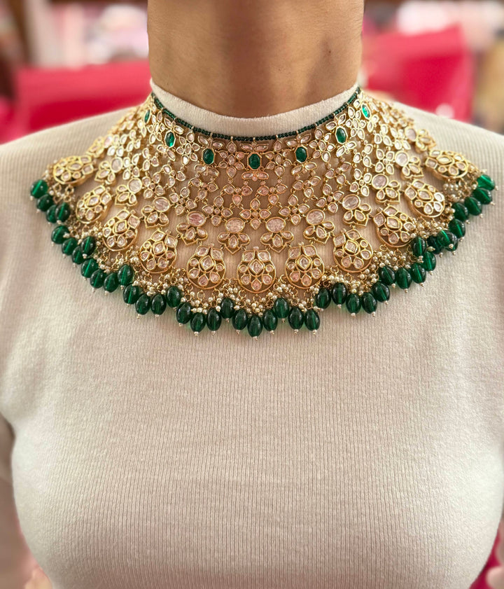 Grand Kundan Polki Choker Necklace with Green Bead Detailing & Crescent Maang Tikka