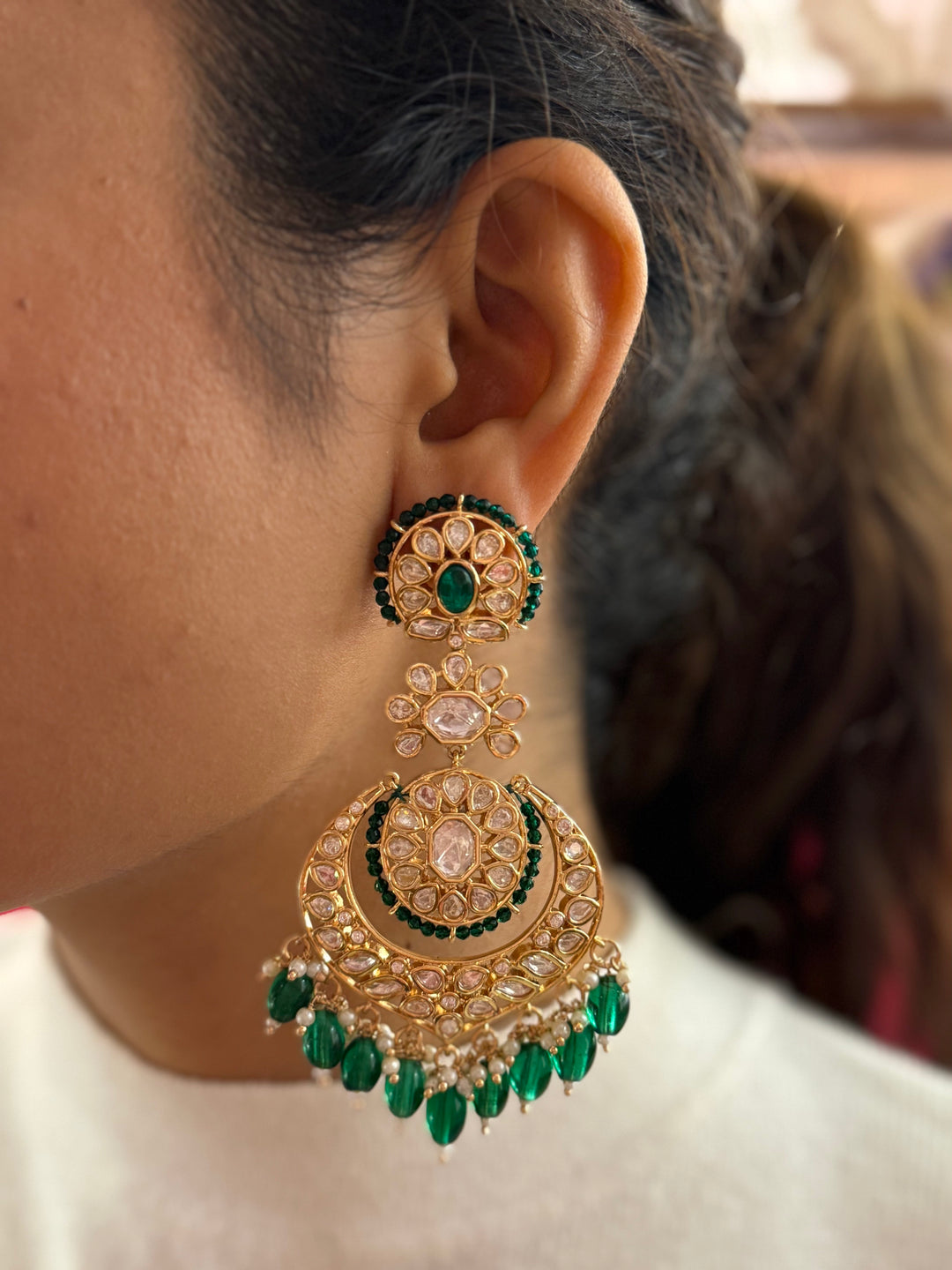 Grand Kundan Polki Choker Necklace with Green Bead Detailing & Crescent Maang Tikka