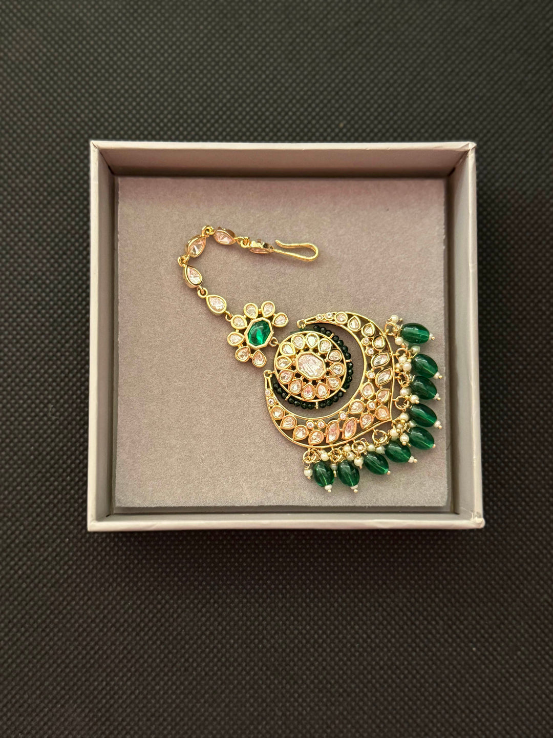 Grand Kundan Polki Choker Necklace with Green Bead Detailing & Crescent Maang Tikka
