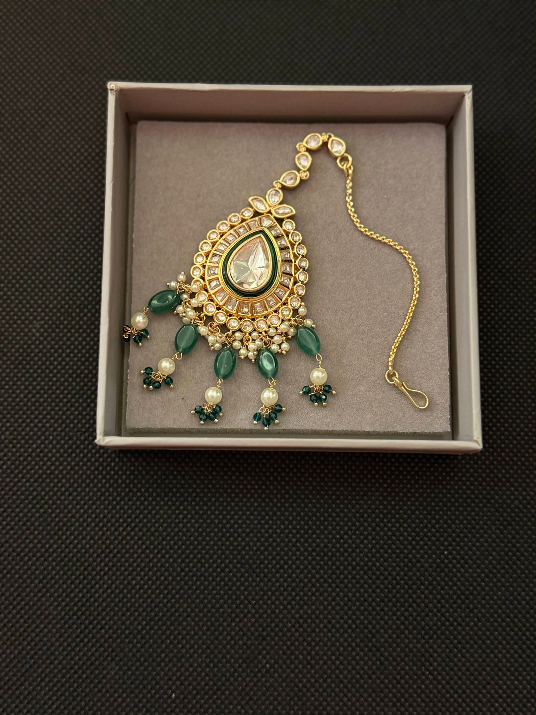 Kundan Polki Choker Necklace with Green Bead Drops & Matching Teardrop Maang Tikka