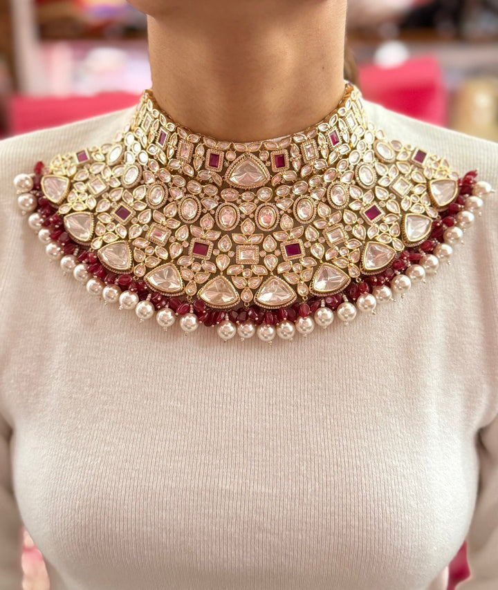 Grand Kundan Bridal Choker Necklace with Pearls & Ruby Red Beads Maang Tikka