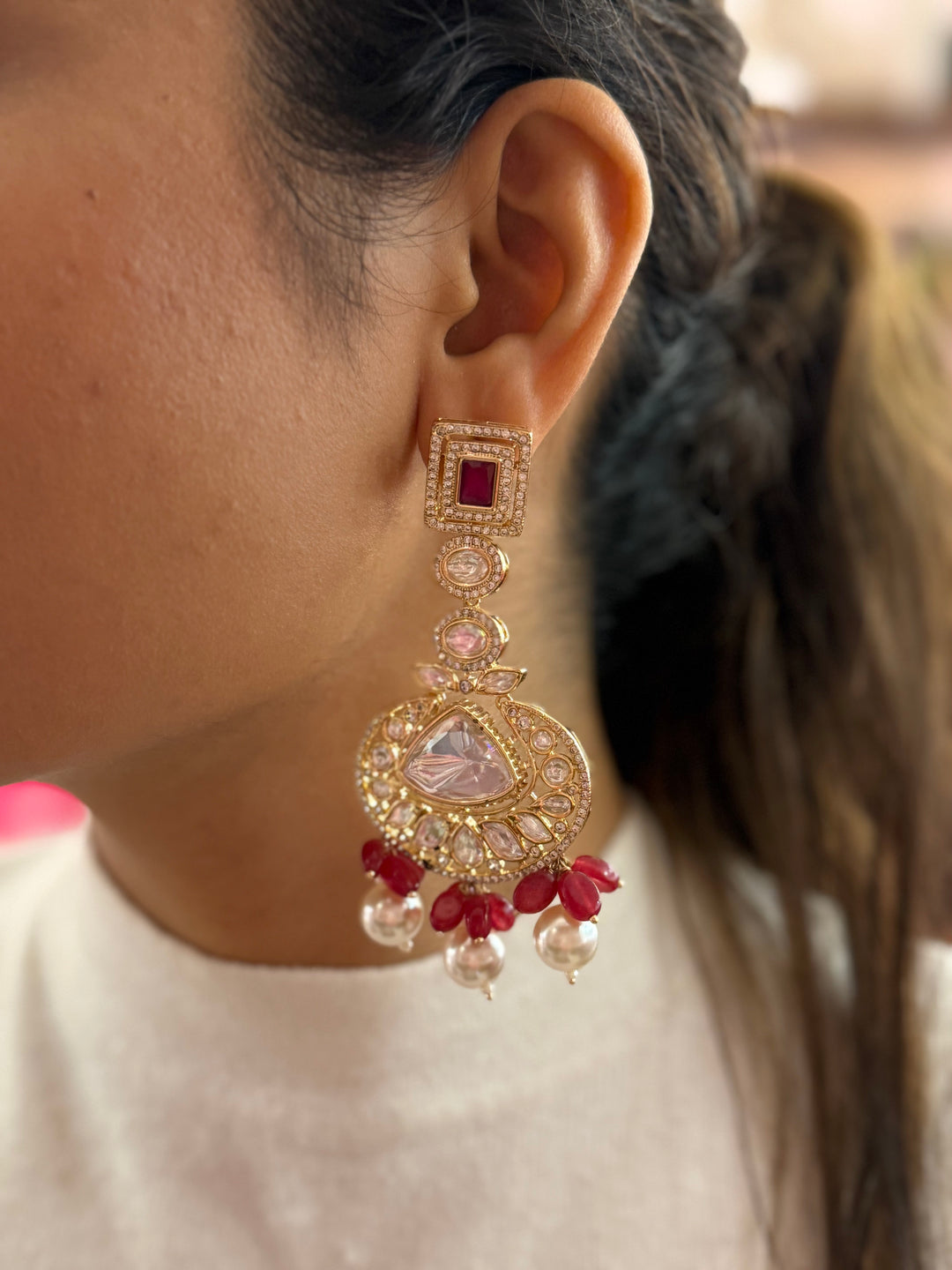 Grand Kundan Bridal Choker Necklace with Pearls & Ruby Red Beads Maang Tikka