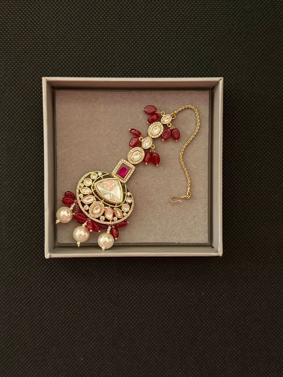 Grand Kundan Bridal Choker Necklace with Pearls & Ruby Red Beads Maang Tikka