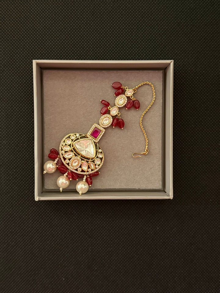 Grand Kundan Bridal Choker Necklace with Pearls & Ruby Red Beads Maang Tikka