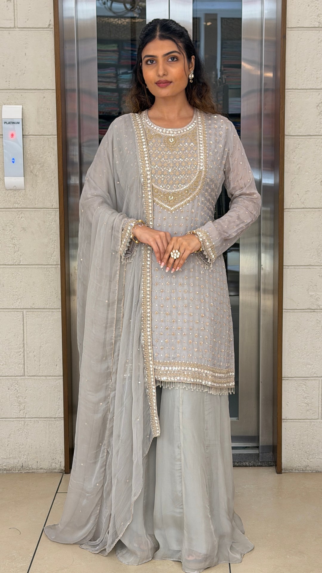 Pearl Grey Embroidered Kurta Sharara Set with Dupatta