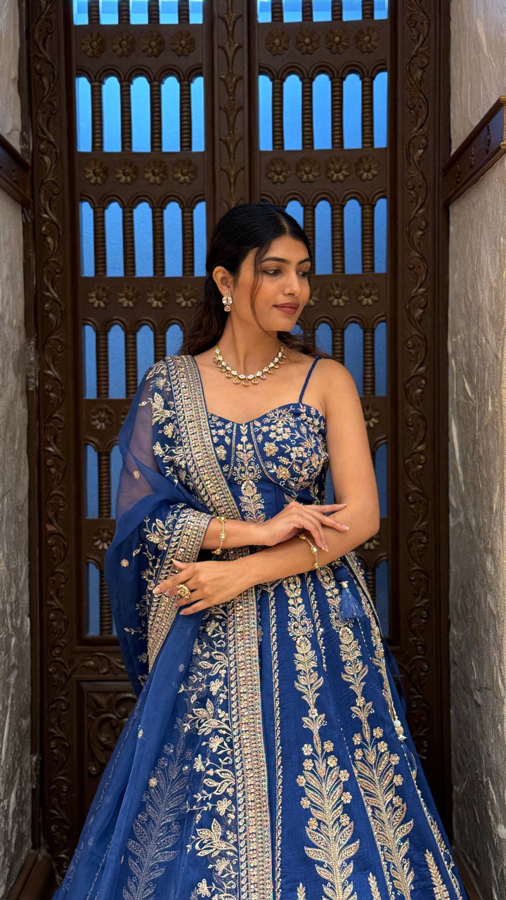 Royal Navy Blue Designer Lehenga Choli with Embroidered Dupatta