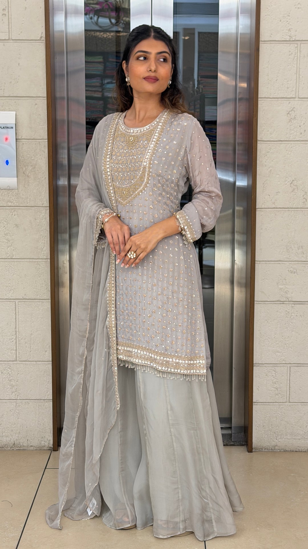 Pearl Grey Embroidered Kurta Sharara Set with Dupatta
