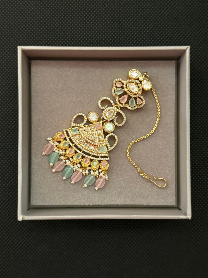 Grand Pastel Kundan Choker Necklace with Maang Tikka