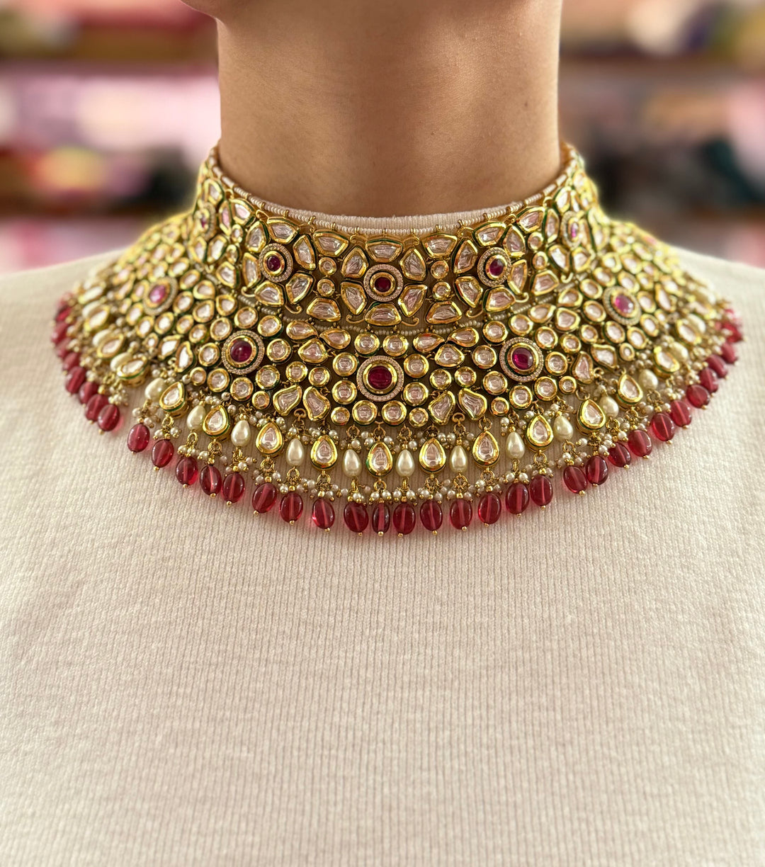 Royal Red Kundan Bridal Choker Necklace with Matching Maang Tikka
