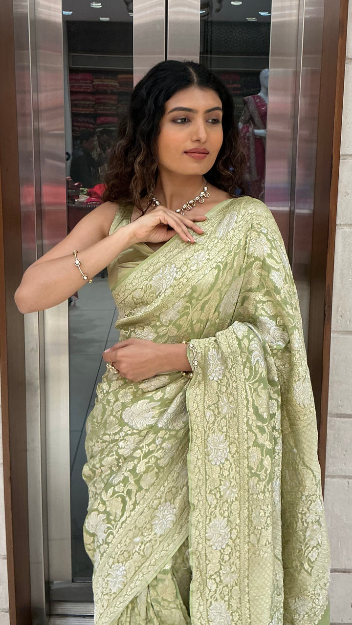 Pistachio Green Floral Woven Designer Saree with Elegant Jacquard Pattern