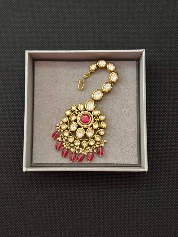 Royal Red Kundan Bridal Choker Necklace with Matching Maang Tikka