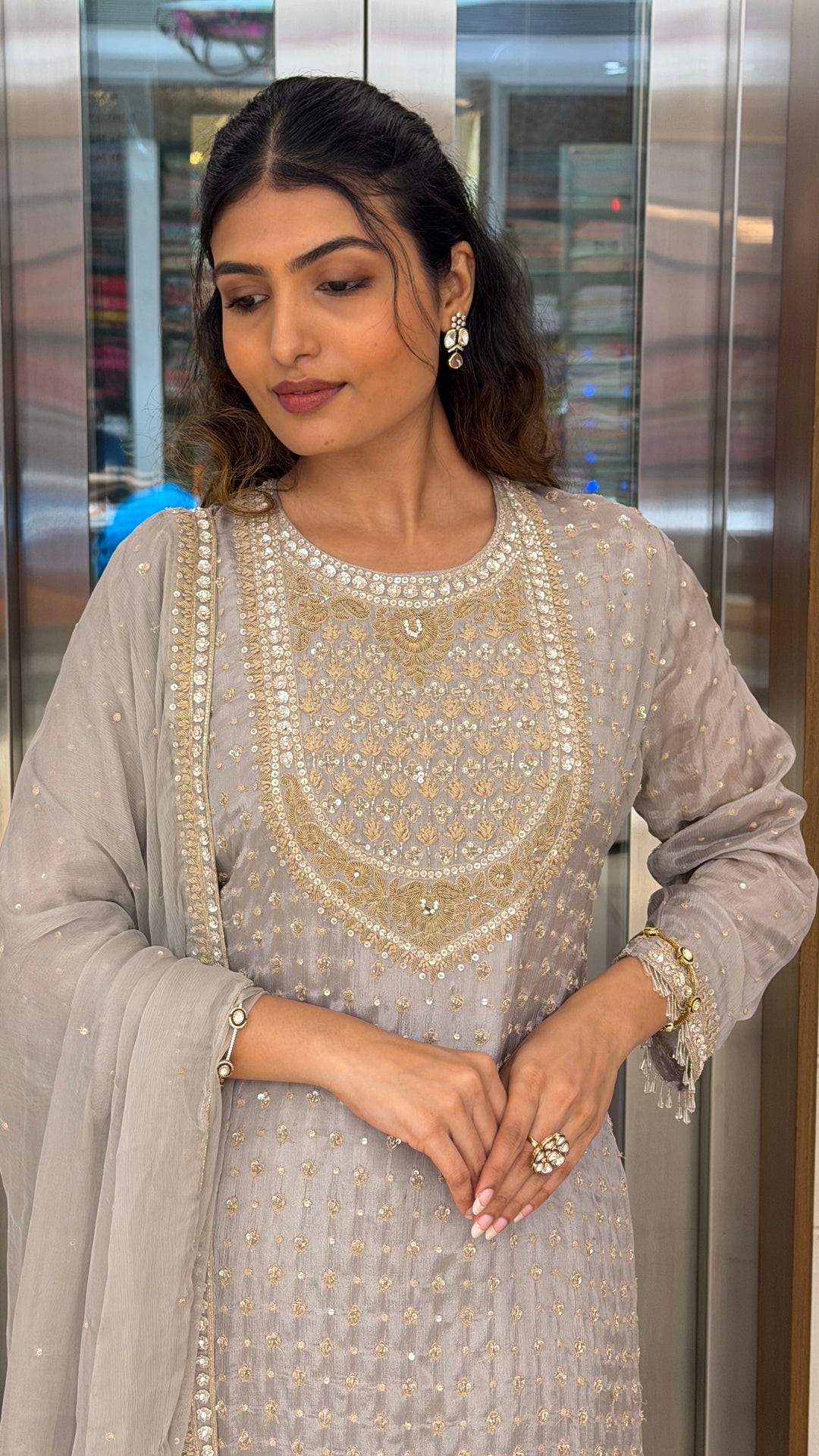 Pearl Grey Embroidered Kurta Sharara Set with Dupatta