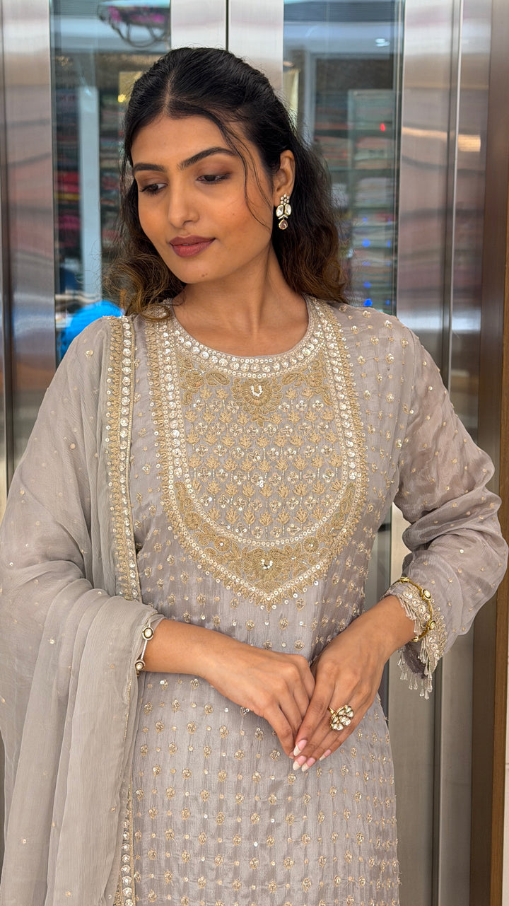 Pearl Grey Embroidered Kurta Sharara Set with Dupatta