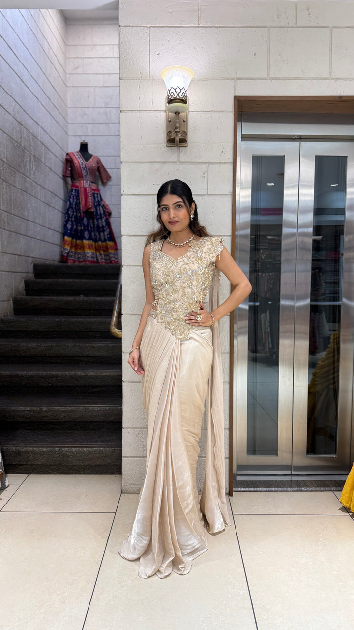 Champagne Gold Ready-to-Wear Saree with Embellished Blouse