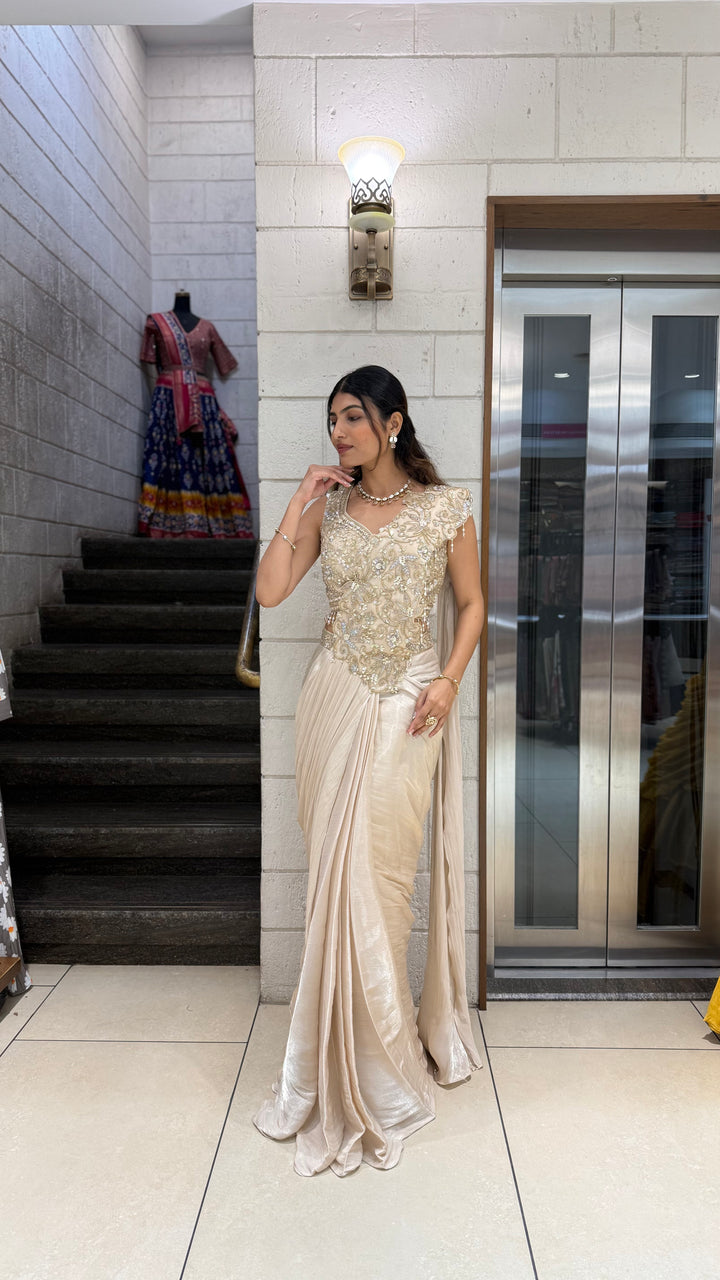 Champagne Gold Ready-to-Wear Saree with Embellished Blouse