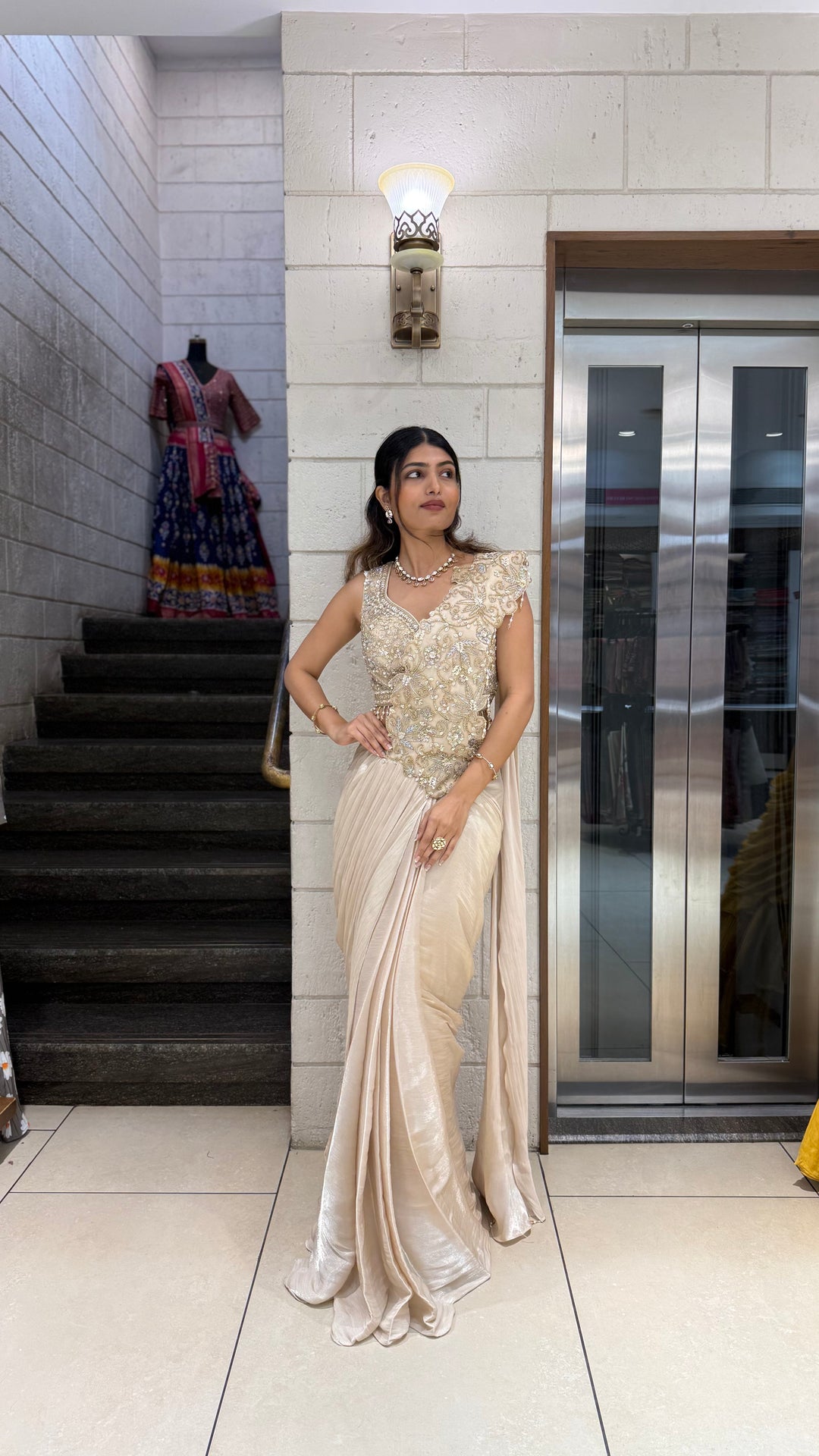 Champagne Gold Ready-to-Wear Saree with Embellished Blouse