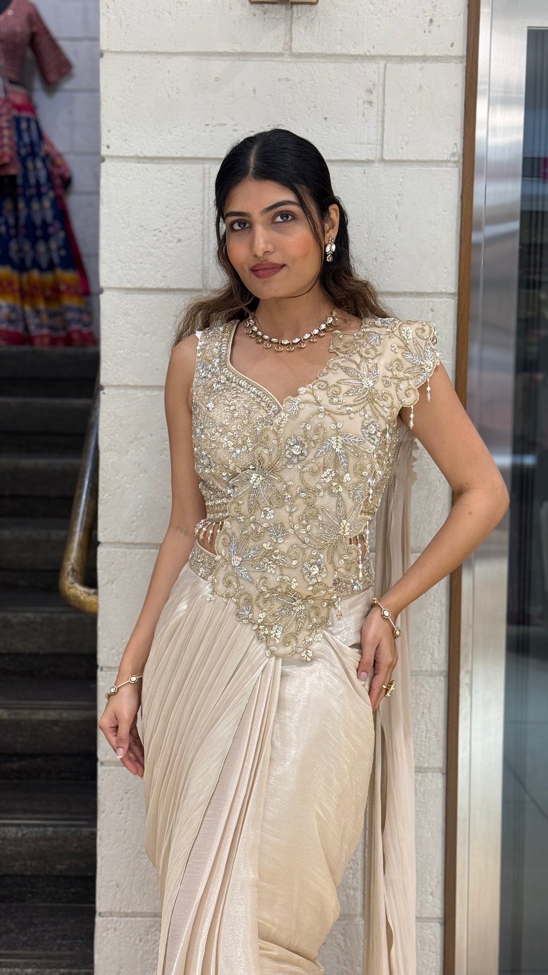 Champagne Gold Ready-to-Wear Saree with Embellished Blouse