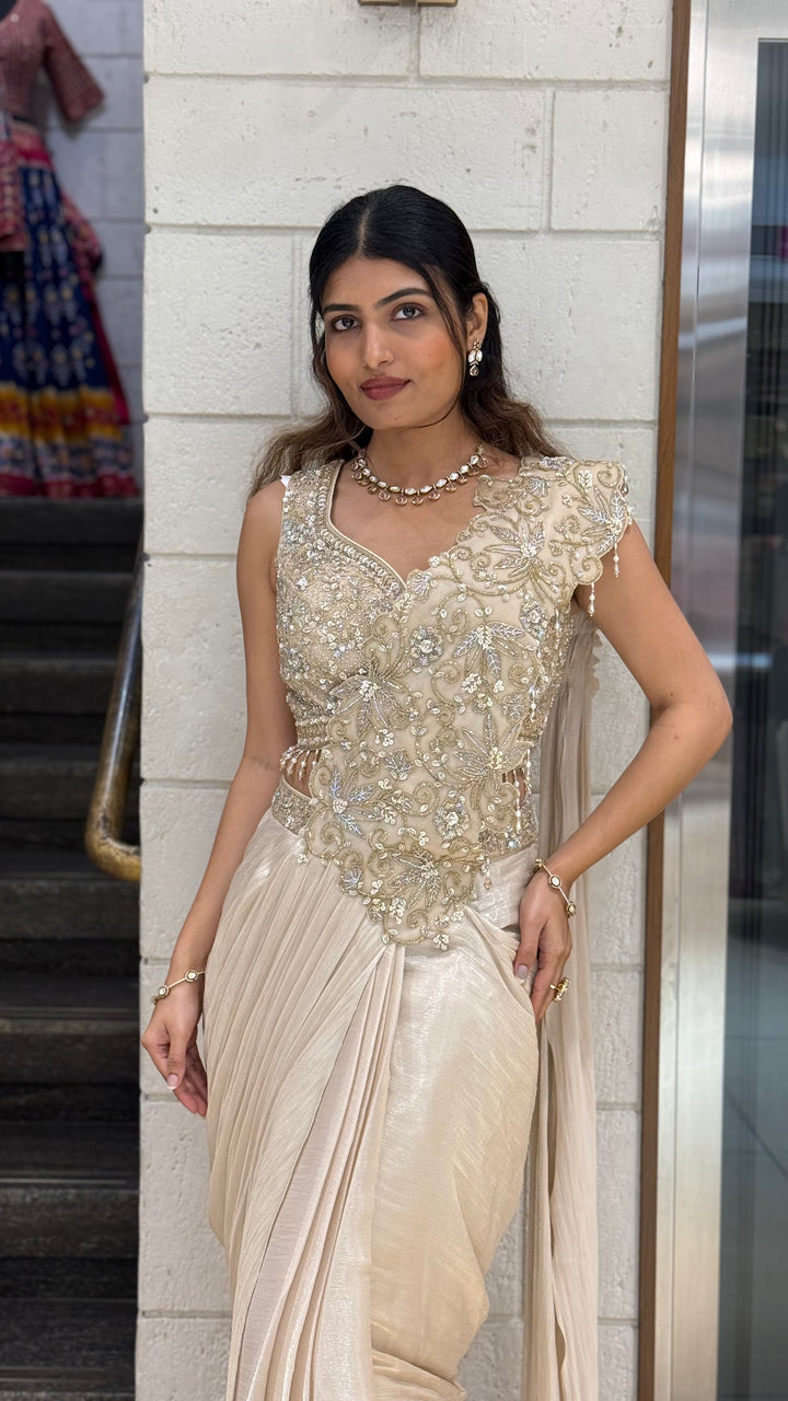 Champagne Gold Ready-to-Wear Saree with Embellished Blouse