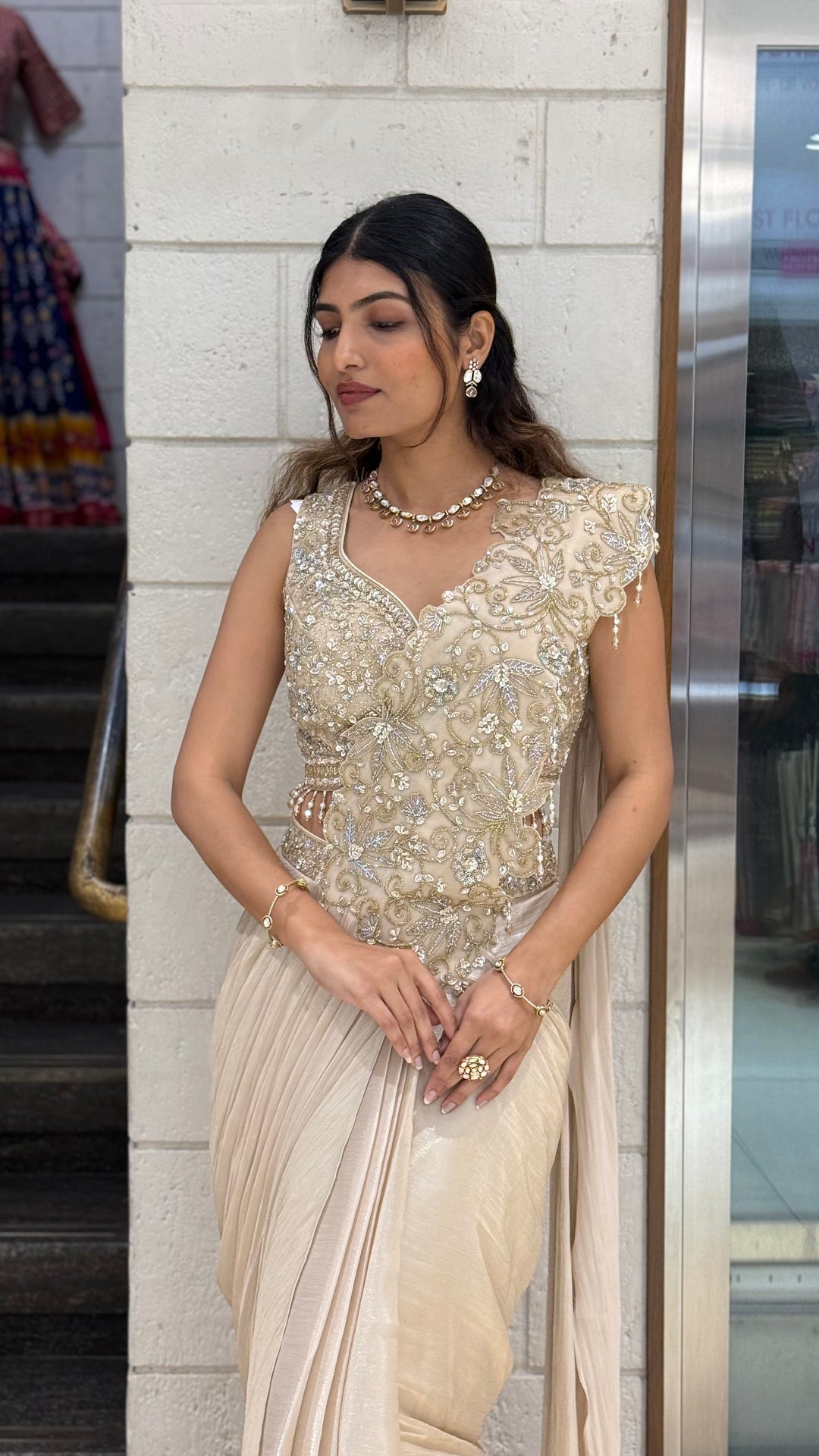 Champagne Gold Ready-to-Wear Saree with Embellished Blouse