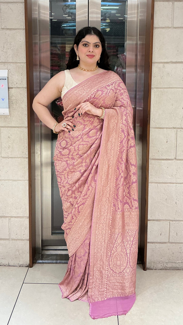 Blush Pink Banarasi Silk Saree with All-Over Floral Zari Weaving