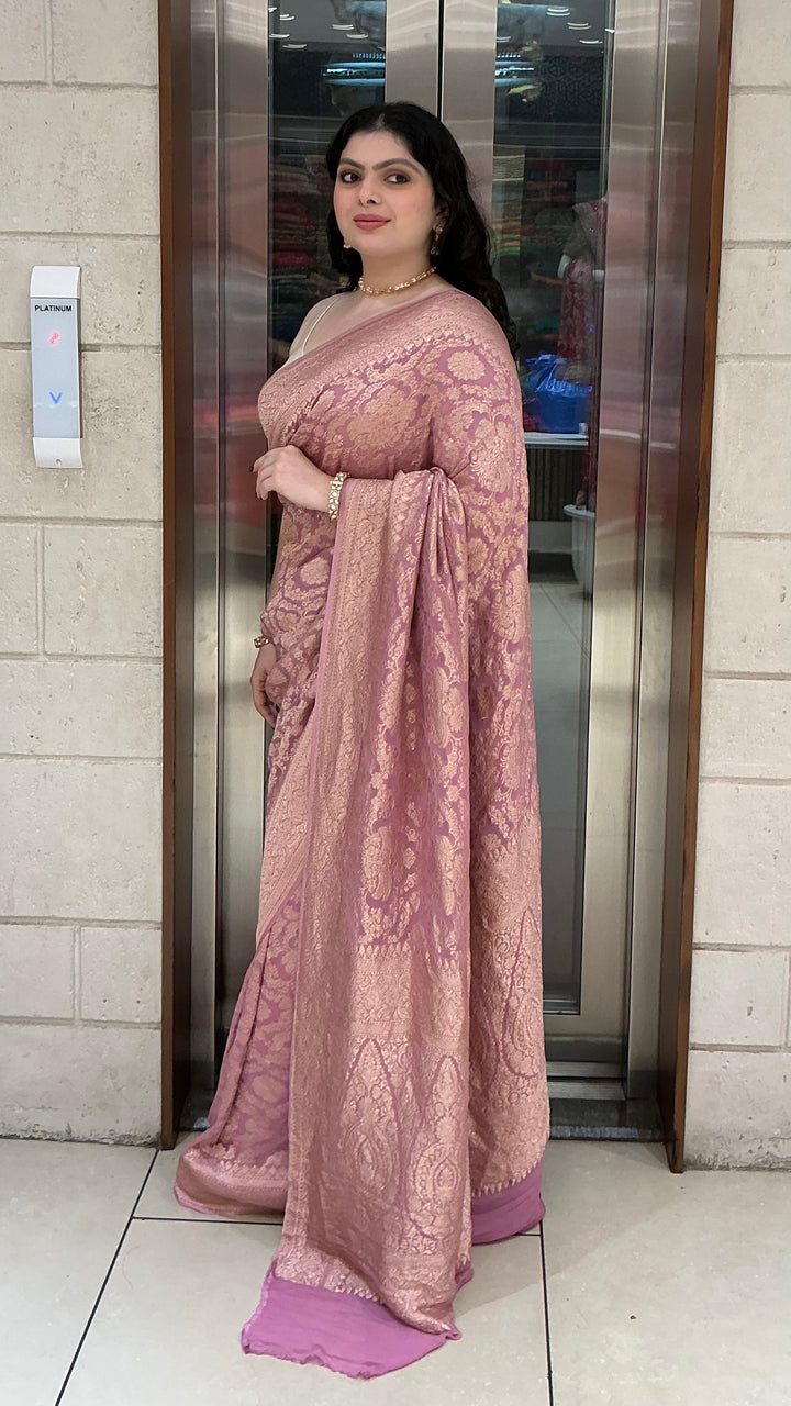 Blush Pink Banarasi Silk Saree with All-Over Floral Zari Weaving