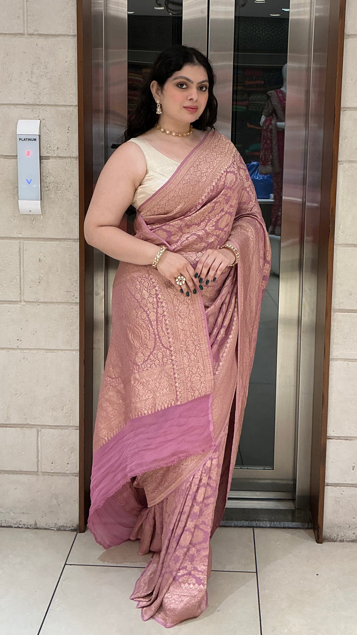 Blush Pink Banarasi Silk Saree with All-Over Floral Zari Weaving