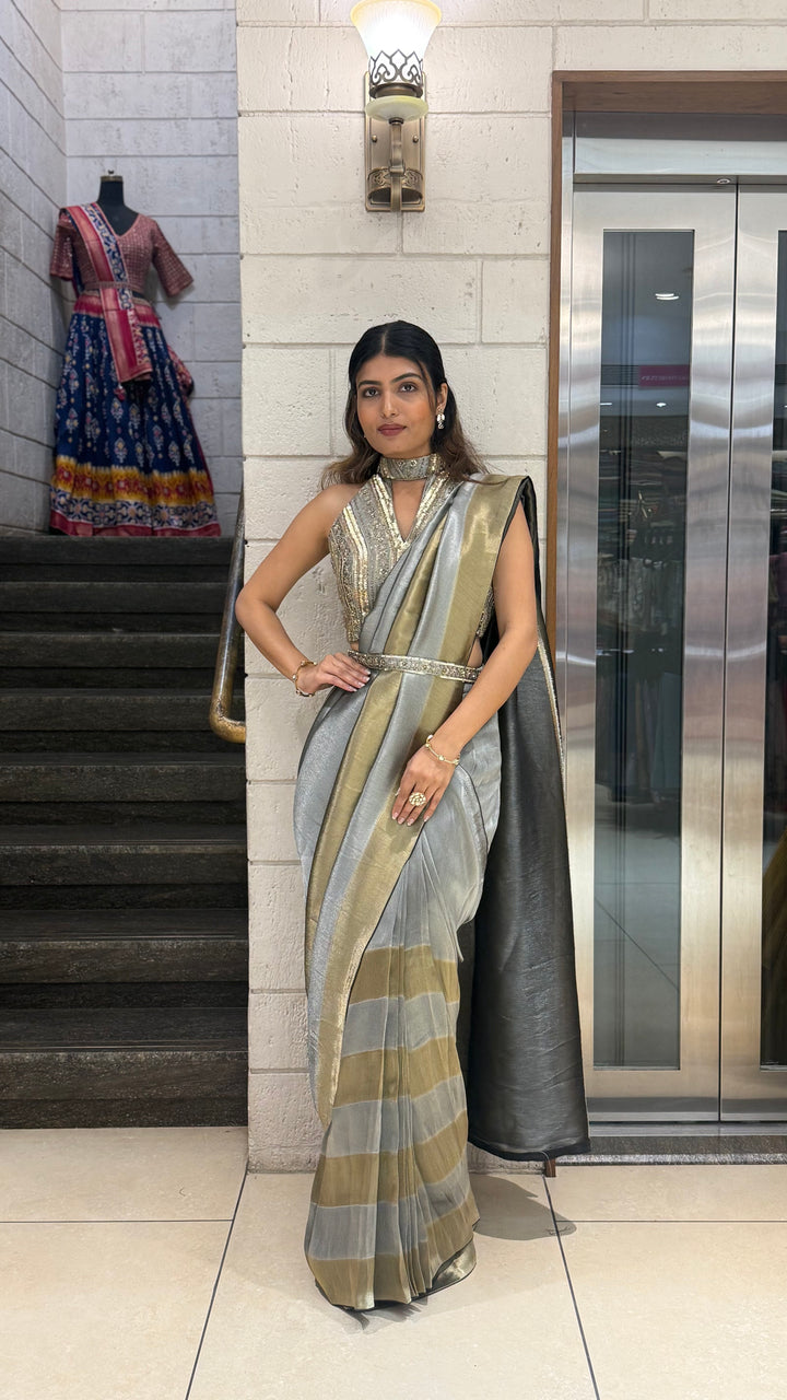 Steel Grey & Gold Ready-to-Wear Saree with Designer Belt Blouse