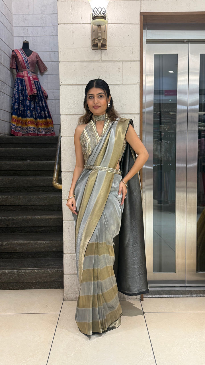 Steel Grey & Gold Ready-to-Wear Saree with Designer Belt Blouse