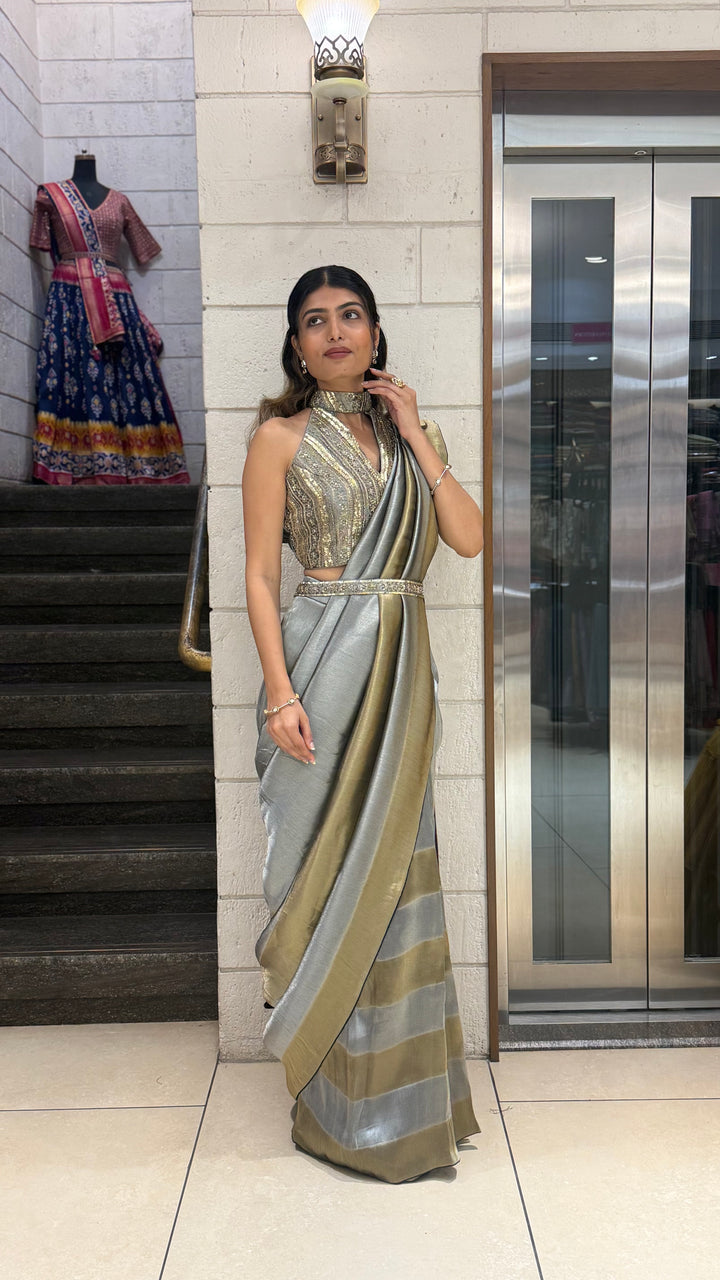 Steel Grey & Gold Ready-to-Wear Saree with Designer Belt Blouse
