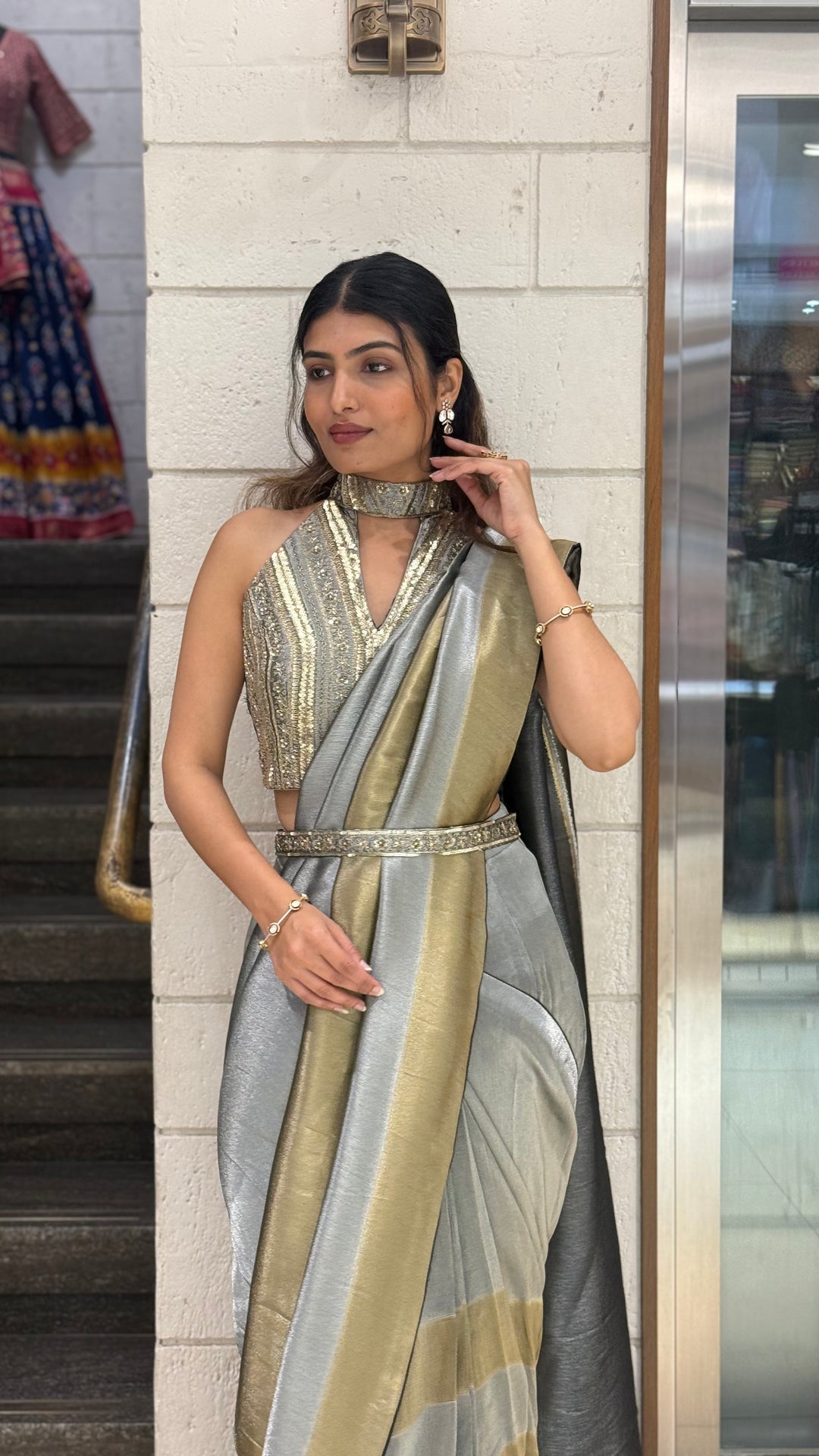 Steel Grey & Gold Ready-to-Wear Saree with Designer Belt Blouse