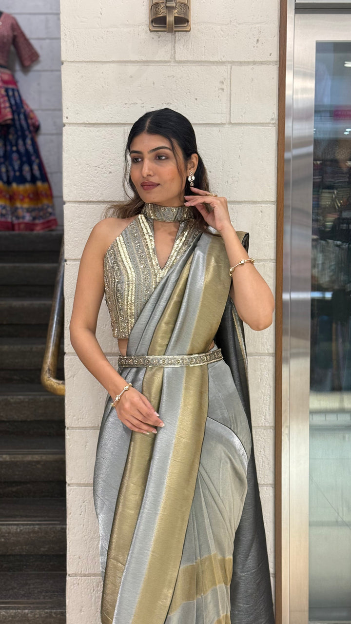 Steel Grey & Gold Ready-to-Wear Saree with Designer Belt Blouse