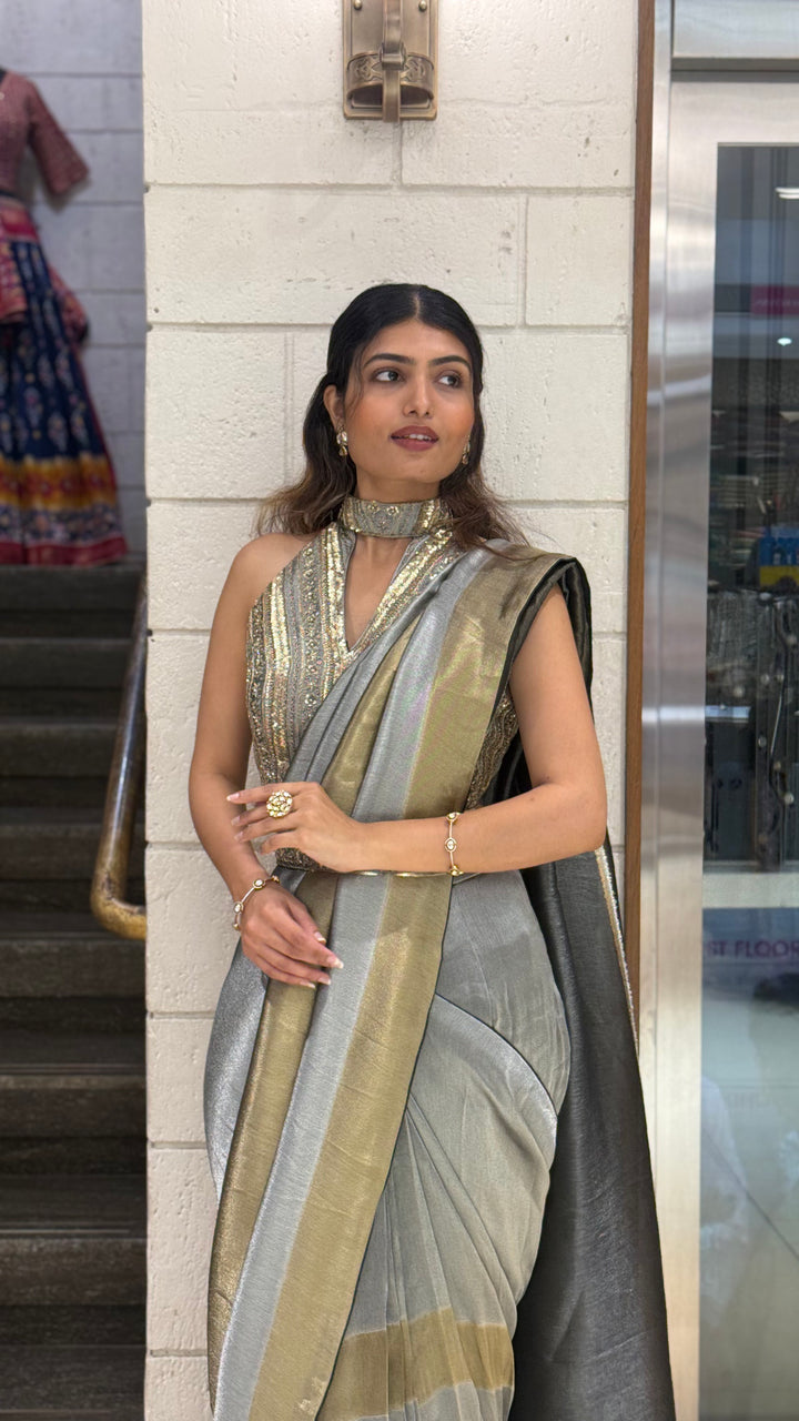 Steel Grey & Gold Ready-to-Wear Saree with Designer Belt Blouse