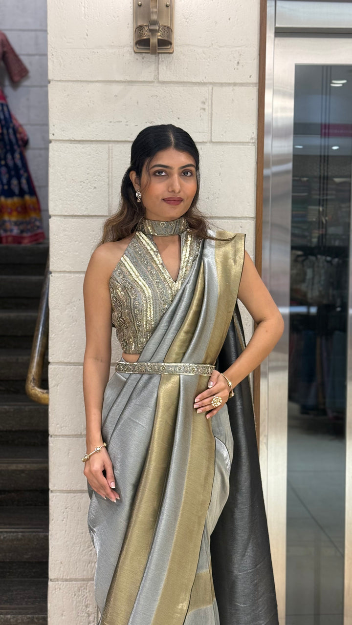 Steel Grey & Gold Ready-to-Wear Saree with Designer Belt Blouse