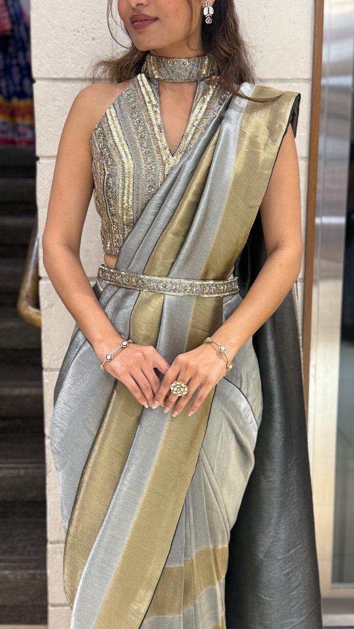 Steel Grey & Gold Ready-to-Wear Saree with Designer Belt Blouse