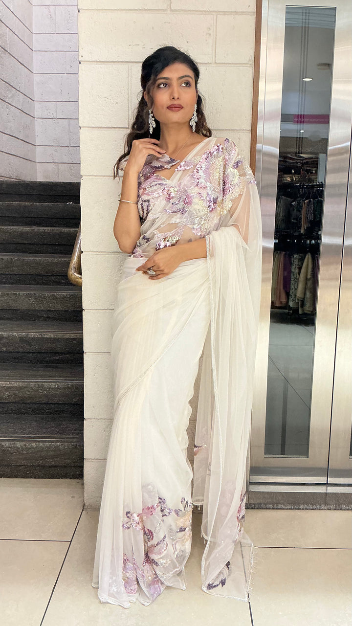 Ivory White Pastel Sequin Embroidered Designer Saree
