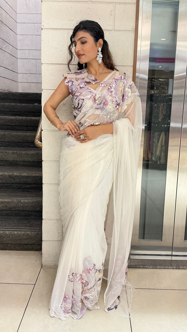 Ivory White Pastel Sequin Embroidered Designer Saree